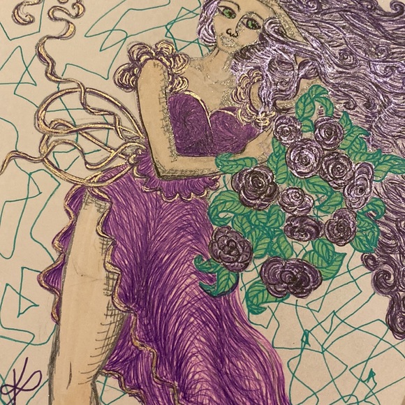 Unframed Original Art Drawing Illustration Purple Woman w Flowing Hair & Dress - Picture 3 of 3